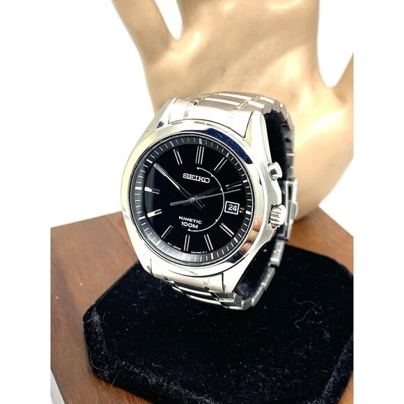 Seiko Men's Watch SKA523 Kinetic Black Dial Date Silver Stainless Steel 40mm - Picture 1 of 14